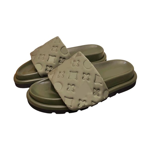 

1v slippers fashion designer pool pillow show new style slipper lady embossing shoes leather sandal sunset flat rubber outsole slides sandal, Black