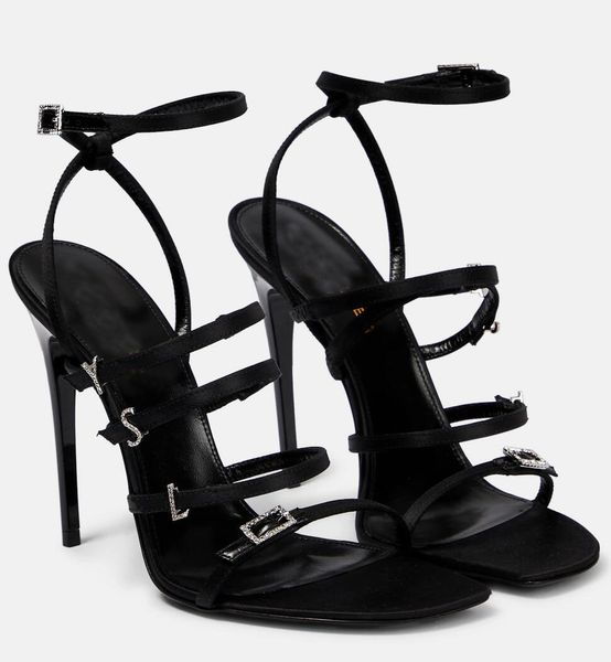 

luxury designer sandals shoes women crystal-embellished satin buckles strap high heels black sandals for women party wedding heels