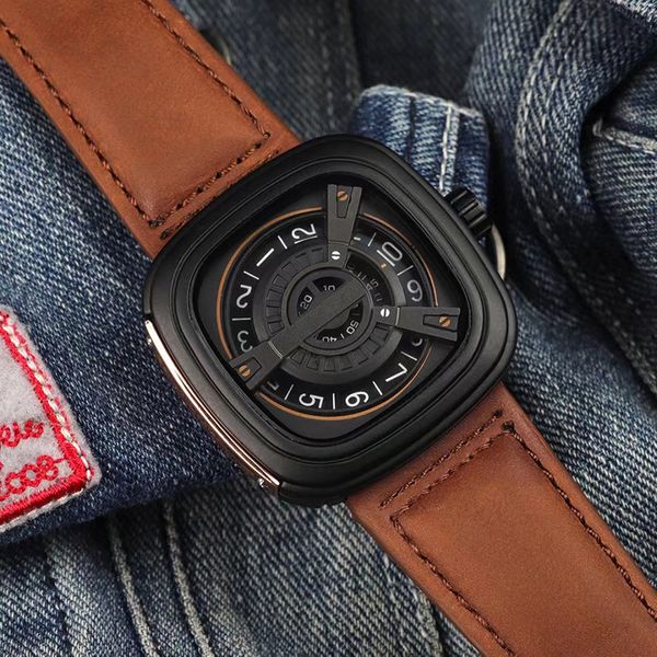 

domineering watch imported cowhide strap quartz movement diameter 44mm thickness 13mm, Slivery;brown