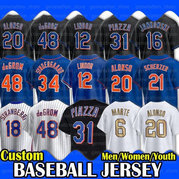 

12 francisco lindor baseball jersey pete alonso max scherzer new york''jacob degrom mike piazza starling marte keith hernandez str, Blue;black