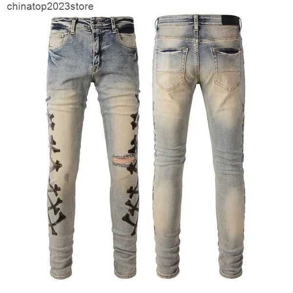 

men's jeans mens for guys rip slim fit skinny man pants orange star patches wearing biker denim stretch cult motorcycle trendy long str, Blue
