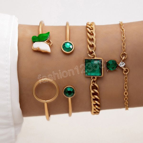 

inlaid green gemstone crystal bracelet set for women butterfly open bangles wedding bracelets fashion jewelry, Golden;silver