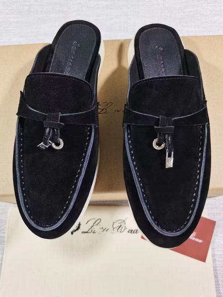 

lp piana slippers summer walk charms embellished suede luxe lounge mule shoes genuine leather casual slip-on flats for women luxury designer, Black