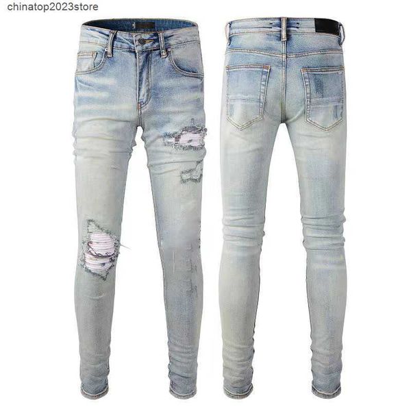 

men's jeans designer stack european purple jean men embroidery quilting ripped for trend brand vintage pant mens fold slim skinny fashi, Blue
