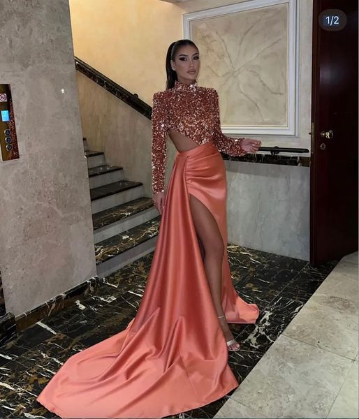 

sequined split side prom evening dresses high neck backles shollow out blingbling sequins long formal occasion party gowns, Black