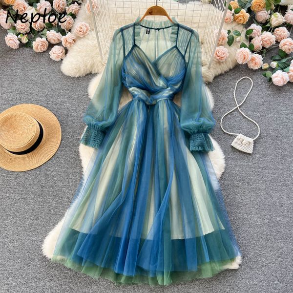 

casual dresses elegant robes 2023 spring autumn french vintage long dress femme fairy mesh v-neck thin puff sleeve first love vestidos, Black;gray