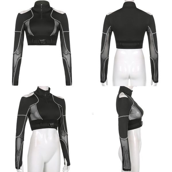 

women's t-shirt women long sleeve half zip up crop cutout cold shoulder buckle mesh t-shirt a5ke 230414, White