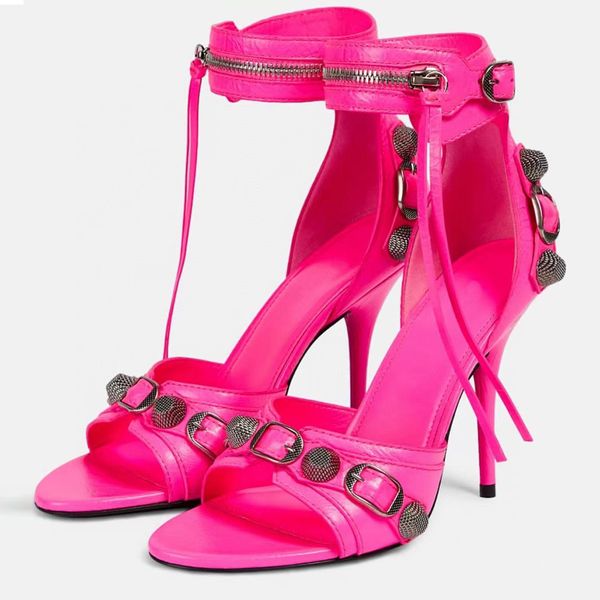 

classic high heel sandals designer shoes fashion 100% leather women's motorcycle zipper high heel shoes women's metal belt buckle, Black