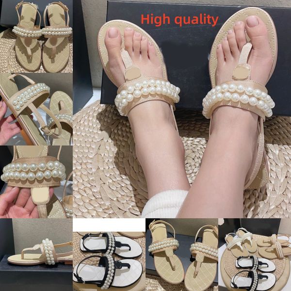 

pearls sandals flip flops sandals classic flat heel 2023 summer lazy high designer fashion letter flat heel flops lady slides women shoes la, Black