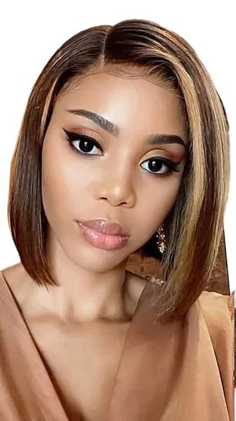 

face straight highlight short bob lace human hair wigs ombre brown honey blonde13x1 t part lace wigs remy, Black;brown