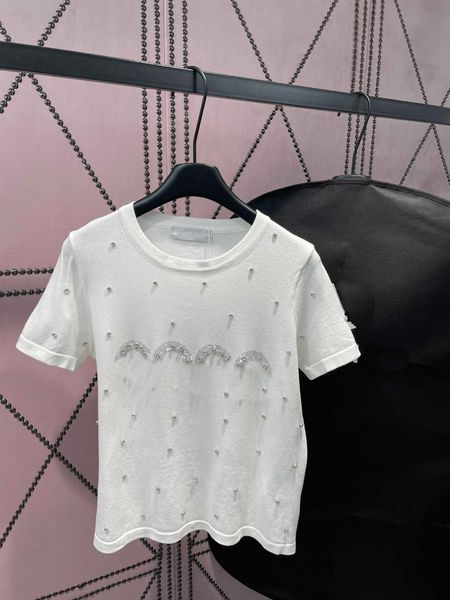 

23ss womens designer clothing womens knits alphabet drill heavy drill full crewneck knitted pure handmade short sleeved knitted womens cloth, White