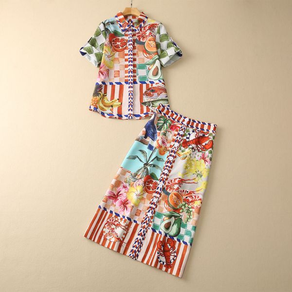 

two piece dress european and american women's clothes 2023 spring new fruit-flower print shirt with short sleeve lapel skirt fashion su, White