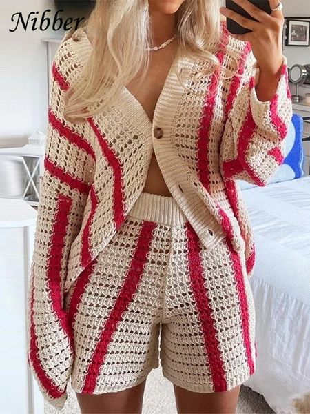 

dress nibber autumn knitted 2two piece set women grids loose cardigan sweater coat+ high waist stretchy shorts outfits female suit, White