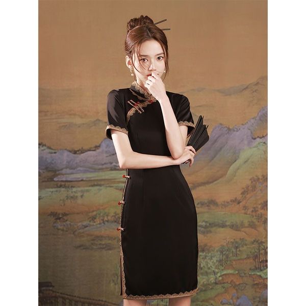 

cheongsam chinese chi-pao 2023 new summer girls' youth style high end dress white daily national style, Black;gray