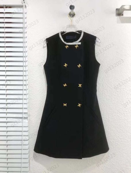 

luxury dresses silver trim neckline custom metal double breasted sleeveless dress stitching classic logo jacquard lining comfortable skin fr, Black;gray