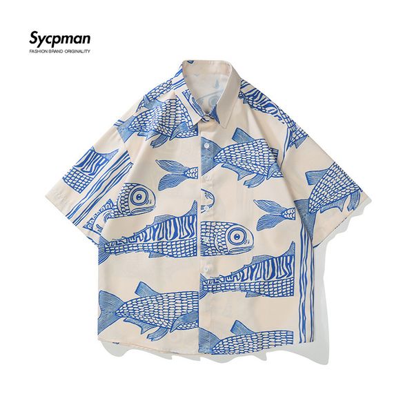 

men's casual shirts oversized american style fried street fashion small fish print personalized mens shorts casual shirts for summer 23, White;black