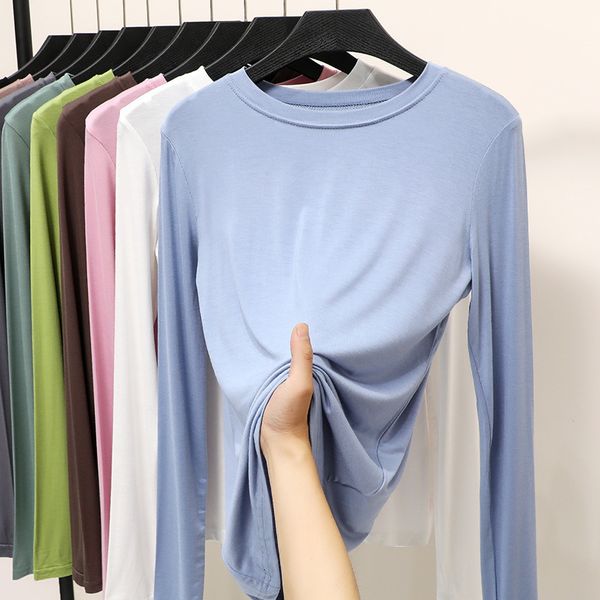 

women's t-shirt modal solid basic tshirt o neck long sleeves women autumn bottoming tee all match tee shirt plus size undershirt 23041, White