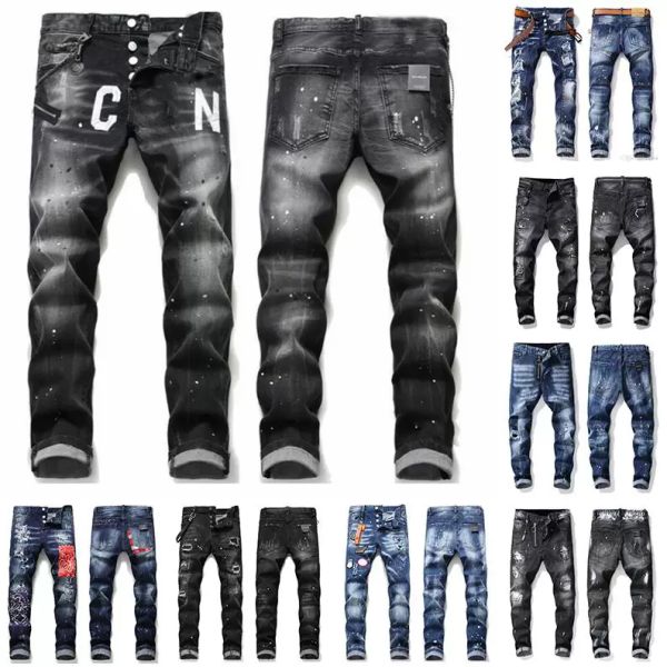 

mens cool rips stretch designer jeans distressed ripped biker slim fit washed motorcycle denim men s hip hop fashion man pants 2021 pgj, Blue