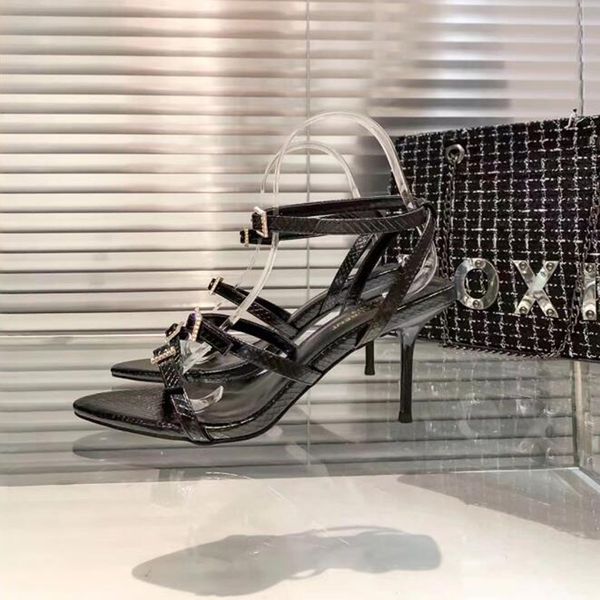 

fashion women sandals pumps zoe 80 mm italy classic black snake leather peep toe double ankle clare sling button design wedding party gift h