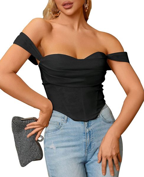 

parthea off shoulder corset push up boned ruched cute bustier party blouse for women fashion night out, Red;black