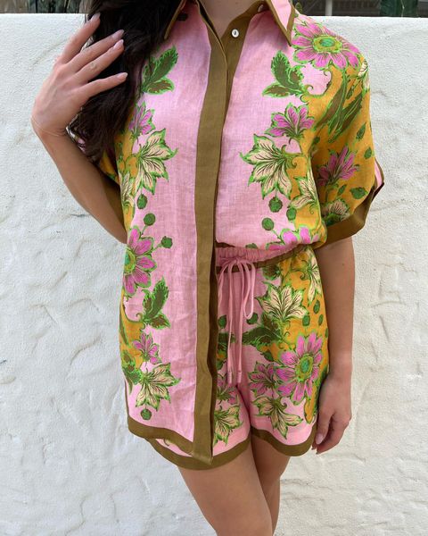 

two piece dress australian luxury designer designs floral linen printed and shorts set, White