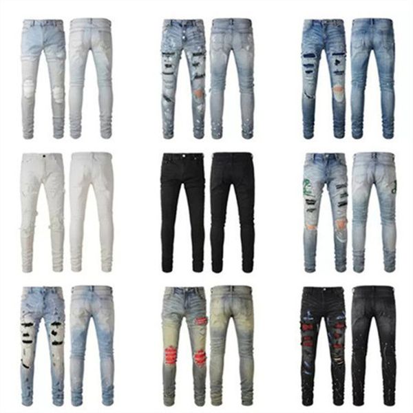 

2023 new mens jeans slim jeans distressed denim designer leather pants with holes letters torn tattered knee ripped for man skinny strai fim, Blue