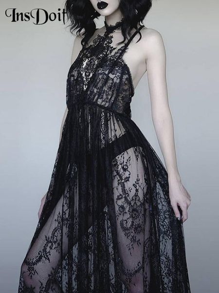 

dresses insdoit gothic summer black dress women lace see through halter bandage sleeveless dress elegant partywear club long dress, Black;gray