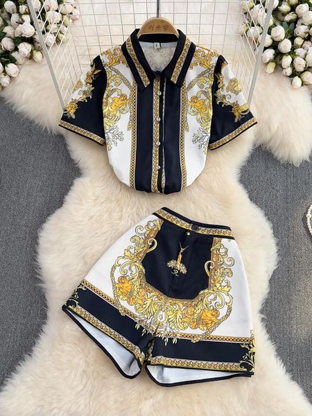 

dress prepomp 2022 short sleeve turn down collar yellow print loose shirt high waist wide leg shorts two piece set outfits ge812, White
