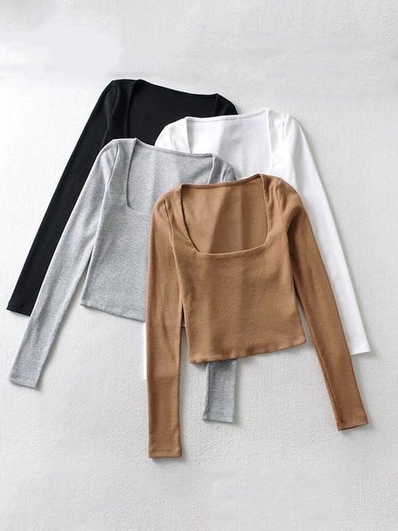 

women's t-shirt women cotton ribbed square neck crop with long sleeve 230414, White