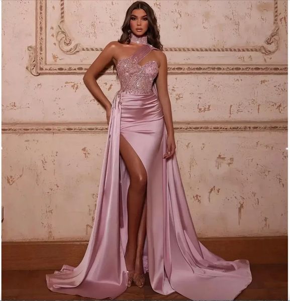 

sparkling pink mermaid prom dress sleeveless bling sequins satin side slit halter one shoulder sweep length vestido de novia, Black