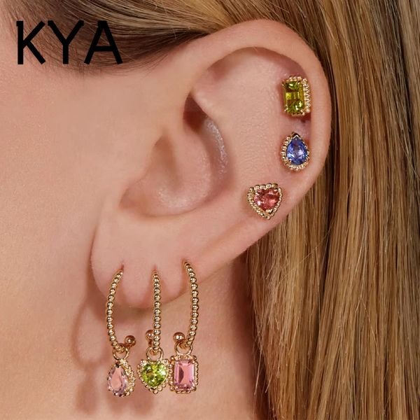 

stud earrings colorful zircon piercing earring for women girl rainbow crystal pendientes plata 1pairs, Golden;silver