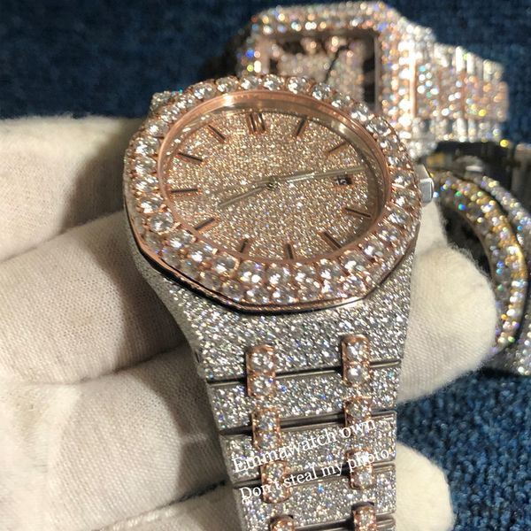 

2023 new style vvs moissanite watch iced out wristwatch eta luxury sapphire watches rose gold case pass test automatic iced out shiny watch, Slivery;brown