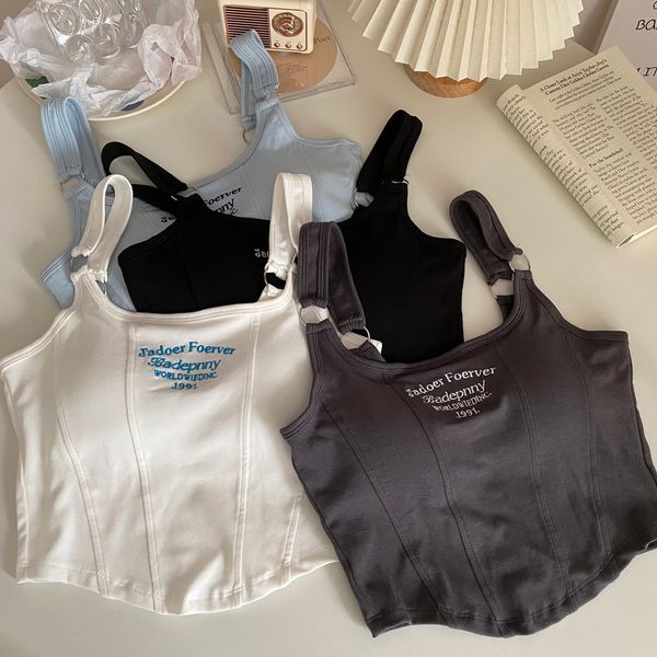 

camisoles tanks embroidery letter knitted short tank with bra pad crop woman y2k streetwear fashion women tshirt sleeveless camisole 230414, Black;white