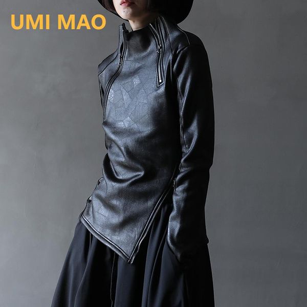 

jackets umi mao dark yamamoto style irregular stand collar diagonal zipper faux leather sweatshirt female cool black gothic jacket y2k, Black;brown