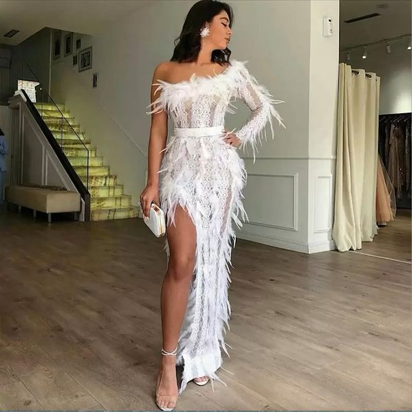 

stunning white feather side split prom dresses one shoulder long sleeve lace floor length cocktail party dress robes de soiree, Black