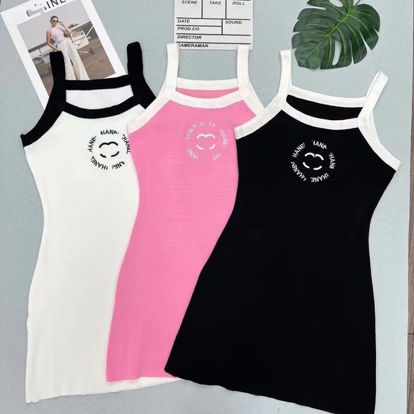 

2023 summer new xiaoxiangfeng black and white pink contrast knitted ice silk slim slim tank skirt for women, Black;gray