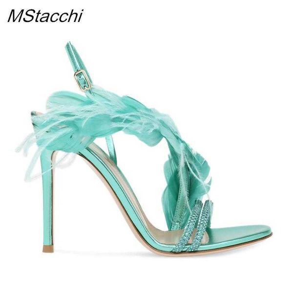 

new sandals plumage women's high heels dance shoes feather crystal ankle strap wedding summer runway luxury brand woman 230406, Black