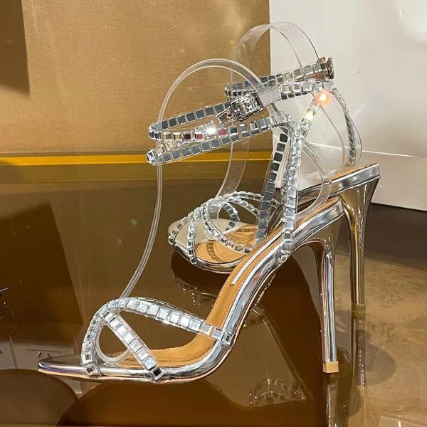 

rhinestone decorative sandals fashion high heels women aquazura new dress shoes strap combination open toe .5cm stiletto heel party shoes, Black