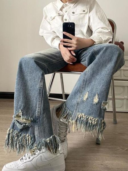 

jeans new streetwear distressed women's jeans summer loose high waist straight tassel wide leg pants female, Blue