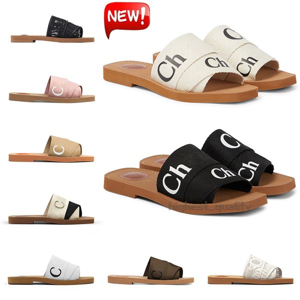 

designer woody sandals for women mules flat slides light tan beige white black pink lace lettering fabric canvas slippers womens summer trai