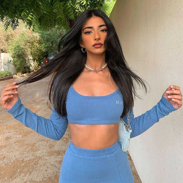 

two piece dress hong kong style girls fashion letter embroidery short long sleeve high waist split wrap hip skirt spicy set, White