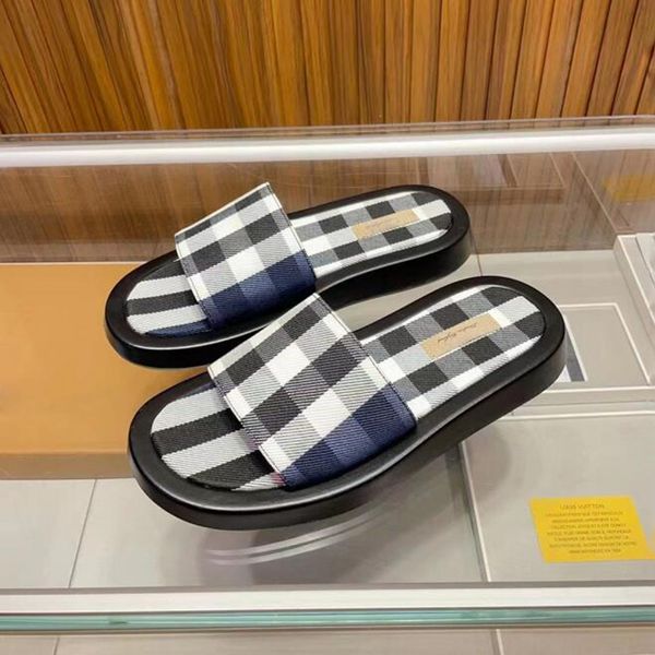 

fashion luxury vintage slippers men casual sandal office loub flip flat canvas striped front strap slides onyx resin platform designer slide, Black
