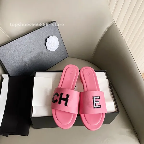 

2023 new summer women slippers leather square toe lady flats flip flops luxury designer ladies slide channel sandals women shoes beach sanda, Black