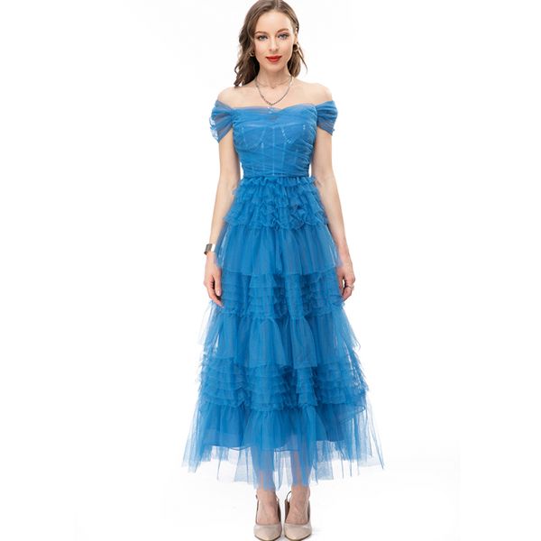 

women's runway dresses slash neckline cape sleeves tiered ruffles elegant designer party prom gown, Black