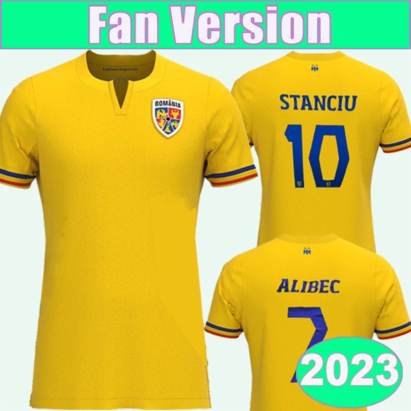 

2023 romania national team mens soccer jerseys alibec stanciu home yellow football shirts short sleeve uniforms, Black;yellow