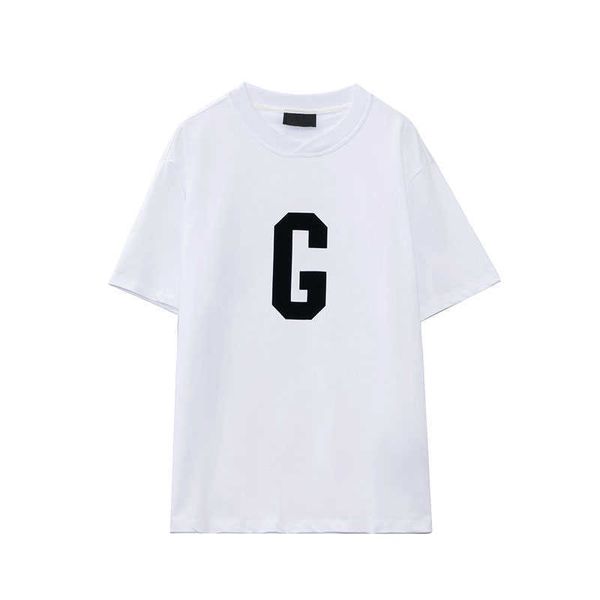 

ess tees t-shirts fashion clothing fog double thread mens womens lovers casual loose round neck letter flocking g-shaped short sleeve t-shir, White;black