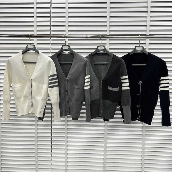 

women's cardigan spring and autumn explosion of four bars v-neck knitted small cardigan fashion casual luxury quality goddess models, White