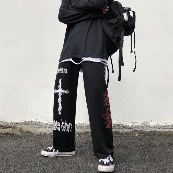 

pants goth pants new men japanese streetwear straight casual pants male harajuku high street wide leg graffiti punk hip hop trousers, Black