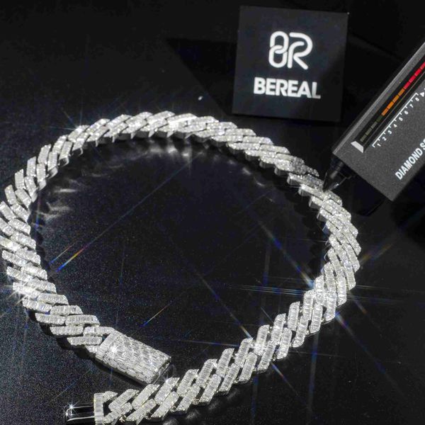 

factory custom hip hop rapper luxury heavy pass diamond tester emerald cut vvs moissanite cuban link chain bracelet men, Silver