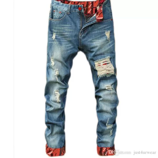 

mens casual straight jeans retro slim skinny jeans fashion designer ripped men hip hop light blue denim pants eds